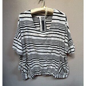 Gershon Bram Womens Medium Oversized Top Blouse Square Neck Ivory Black Striped